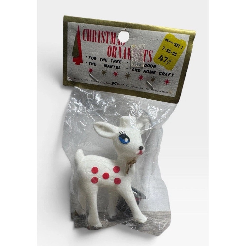 Vintage 1970s Kmart Flocked Reindeer Christmas Ornament Hong Kong Original Pkg